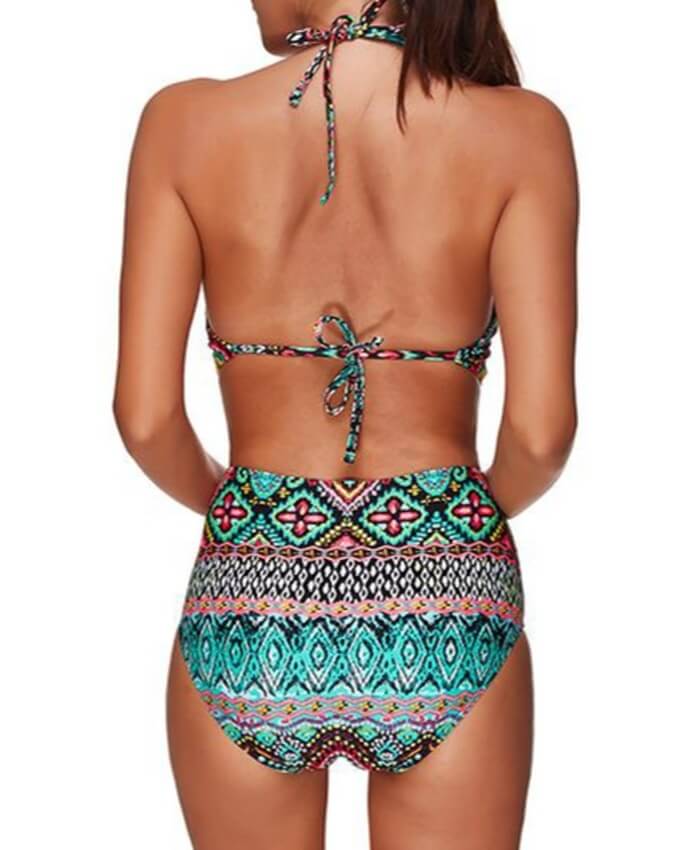 Open Back Halter Neck Printed Keyhole Monokini